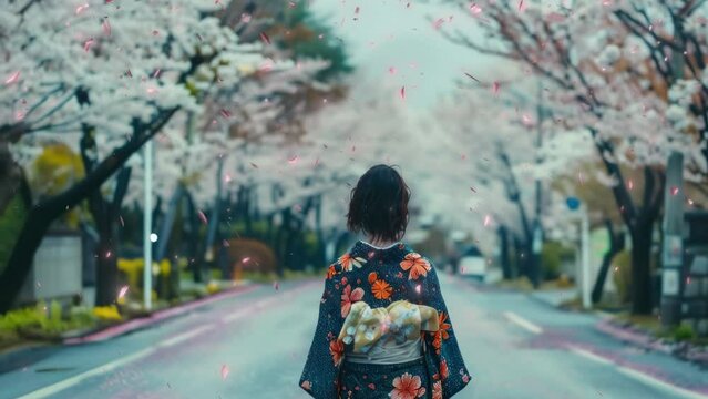 japanese girl with kimono at tranquil cherry blossom street stroll and falling sakura petals