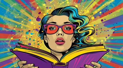 Reading a book, enveloped in imagination, vibrant and expressive, pop art comic style
