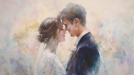 Soft pastel watercolor of wedding vows exchange, highlighting tender moments and emotions