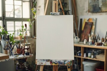 An inviting blank canvas stands on an easel in a cozy artist's studio, bathed in natural light, ready for a masterpiece