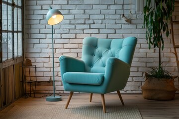 Bright turquoise armchair in a Scandinavian-style room with matching floor lamp, next to a white brick wall and potted plant