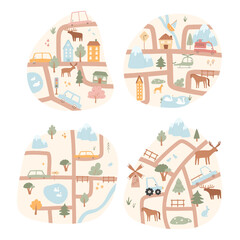 Set of kids city map. Vector illustration of a city map with cars, mountains, trees. Hand drawn illustration for kids room.