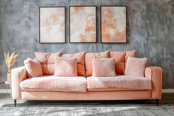 A modern living space highlighted by a peach-colored plush sofa adorned with fluffy pillows, against a textured gray wall with abstract art.