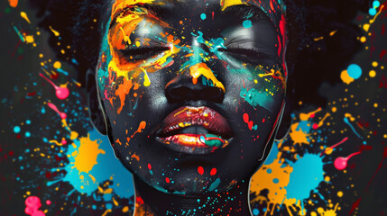 In this captivating AfroPop portrait the subject is adorned with vibrant pop art paint splatters and adorned with symbolic Afrocentric patterns. The overall effect is a celebration .