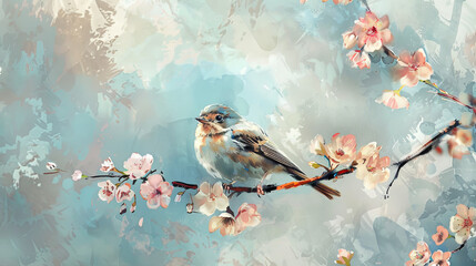 Cherry Blossoms and Sparrow Digital Artwork
