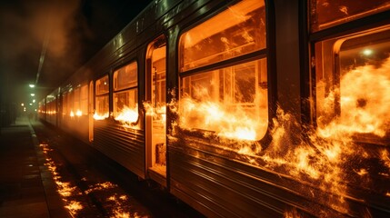 Fire engulfs train inside station parking lot, flames spreading rapidly, prompting emergency response and evacuation measures for passenger safety.
