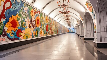 The entrance to the subway station is adorned with colorful decorations, adding vibrancy and character to the bustling underground hub.
