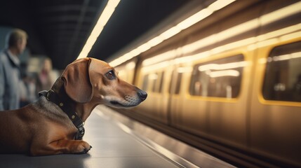 Passenger complies with subway's no pets policy while inside the station, respecting regulations for a pet-free environment within the transit premises.
 - obrazy, fototapety, plakaty