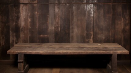 a wooden bench in front of a wall - obrazy, fototapety, plakaty