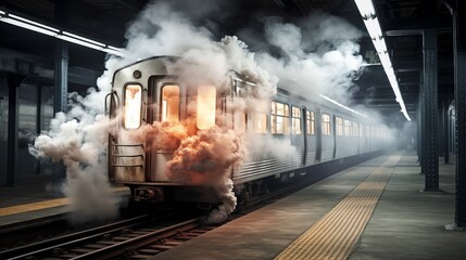 The subway was covered in smoke and flames. Create chaos and trigger urgent evacuation measures for passenger safety and emergency response.
 - obrazy, fototapety, plakaty