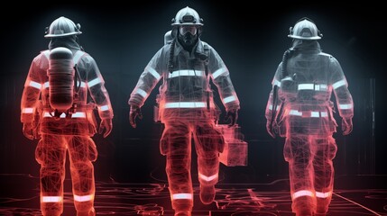 Firefighters employing thermal imaging technology for locating individuals in rescue operations, capturing heat signatures in hazardous environments for enhanced safety.
 - obrazy, fototapety, plakaty