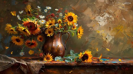 A still life painting of sunflowers and wildflowers in an antique copper jug, set on a rustic wooden table with scattered petals.