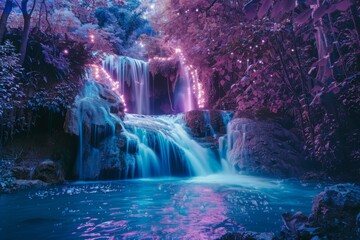 A dreamlike waterfall, its cascades glowing with neon lights, set against a backdrop of pastel forests - obrazy, fototapety, plakaty