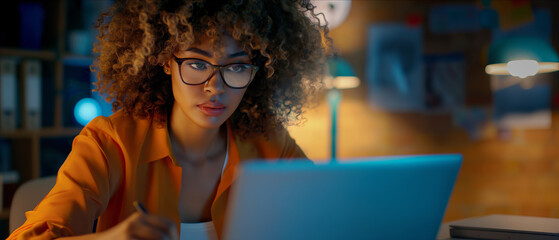 A woman with glasses concentrating on her laptop screen in an office setting. - obrazy, fototapety, plakaty