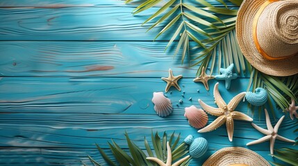 Fototapeta na wymiar Summer Vacation Mood with Seashells and Straw Hat.