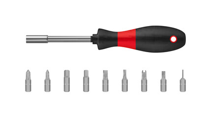 Screwdriver with magnetic bits different types set realistic vector illustration
