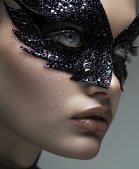 A model with winged eyeliner shaped like a black swan, with crystals and glitter on her face, in the style of Vogue magazine