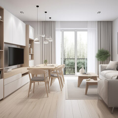 Fototapeta premium A living room filled with various furniture pieces including a flat screen TV mounted on the wall