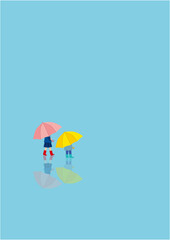 雨の中、傘をさしている少女と男の子のイラストタテ型