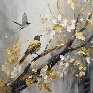 Painting of abstract artistic background with vintage illustration, flowers, branches, birds