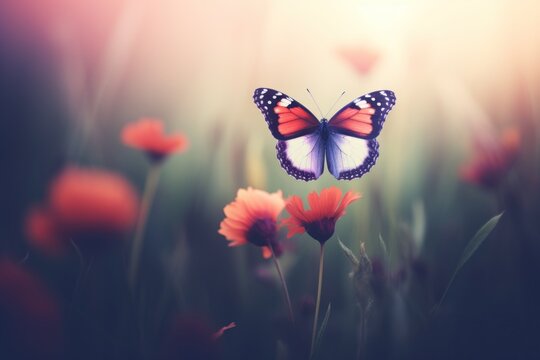 a butterfly flying over flowers