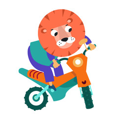 Cute lion on motorbike on white background. Transport and animals. Cartoon character for design. Vector isolated illustration on white background.