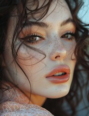 Woman with freckles and intense gaze. A detailed portrait showcasing a woman's freckled face and captivating amber eyes in natural light