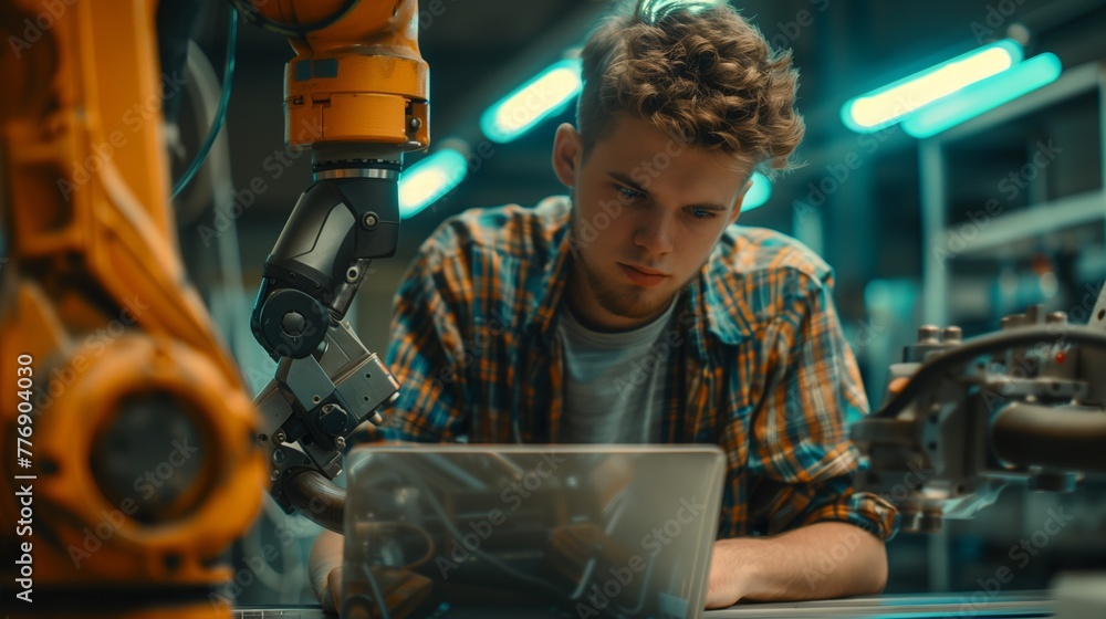 Poster young engineer focused on programming industrial robot.