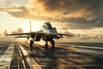 Powerful Fighter Jet Taking Off from Aircraft Carrier at Dramatic Sunset with Fiery Sky - obrazy, fototapety, plakaty
