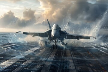 Powerful Military Fighter Jet Soaring Through Turbulent Skies During Intense Combat Maneuver - obrazy, fototapety, plakaty