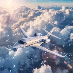 Private Corporate Jet Flying Above Dramatic Cloudscape in Vivid Blue Sky - obrazy, fototapety, plakaty