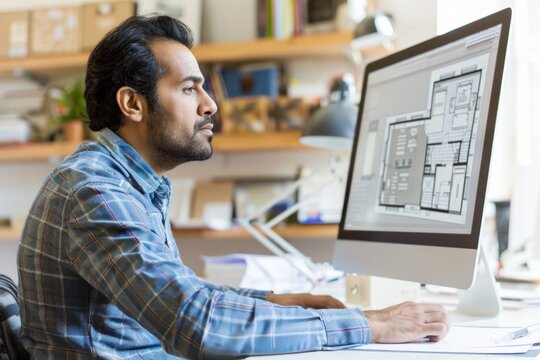Professional India Man Analyzing Digital Construction Blueprint on Computer at Office Desk