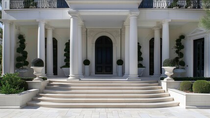 A minimalist entrance with crisp white walls and a bold black door stands in stark contrast to a lavish portico adorned with ornate columns and a grand sweeping staircase.