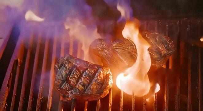 Two pieces of steak being grilled over a fire