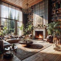 a living room with a couch a table and a fire place, a digital rendering  pixabay contest winner, photorealism, vray tracing, vray, photoillustration