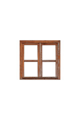 Old brown wooden window frame with four sashes isolated on transparent background.	