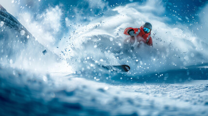 An intense moment as a snowboarder in red executes a high jump amidst a snowy mountain landscape, portraying extreme winter sport