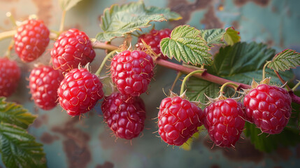 A cluster of ripe raspberries grows on a branch surrounded by green leaves in a natural setting