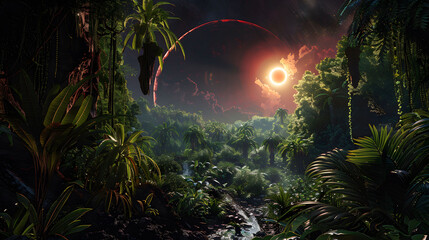 A view of an eclipse seen from a lush, alien jungle, with exotic creatures watching alongside.