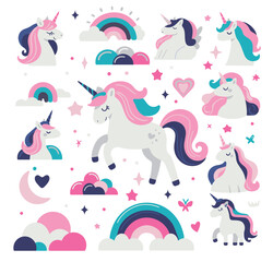 Illustration of a cute unicorns, rainbows, cute clouds, hearts and stars, vector image of 6 colors, suitable for silk screen printing - obrazy, fototapety, plakaty