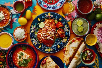 Mexican food. Top view of traditional mexican food on blue wooden table. Ai generated.