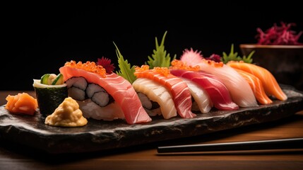 Assortiment de Sushi Nigiri Professionnel avec Wasabi et Baguettes
