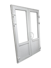 Old white front metal plastic door isolated on transparent background.