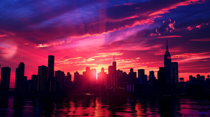 Dramatic Cityscape at Sunset, Vibrant Red Skyline, Water Reflection