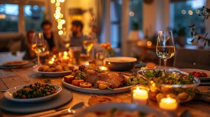 A table with a variety of food and drinks, including wine glasses and candles