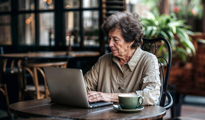 An elderly woman of 60  70 years old is sitting in a modern cafe with a laptop. Senior happy business woman using pc technologies, working, chatting, spending time in social media internet, ecommerce.