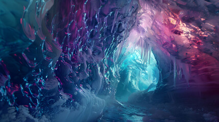 An ice cave with walls that shimmer with colors, reflecting the light from an unseen source.