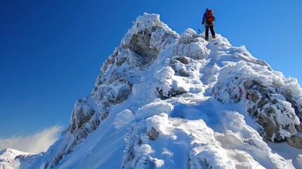 Naklejka na ściany i meble A person is standing on a snowy mountain peak, looking out over the landscape