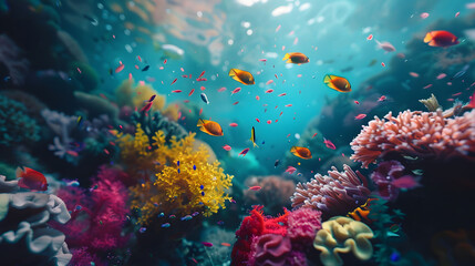 Naklejka na ściany i meble An underwater scene where fish swim through coral that shifts colors like a kaleidoscope.
