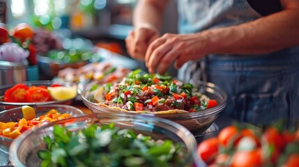 Obraz premium A man is preparing food in a kitchen with a variety of vegetables and fruits